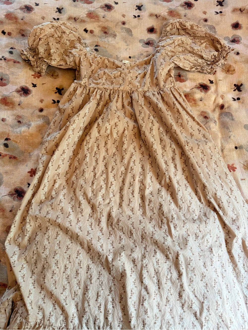 Beige Floral Maxi Dress with Puff Sleeves